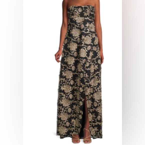MIKAEL AGHAL rose embroidered strapless black and gold  gown, size 2 - Picture 2 of 11